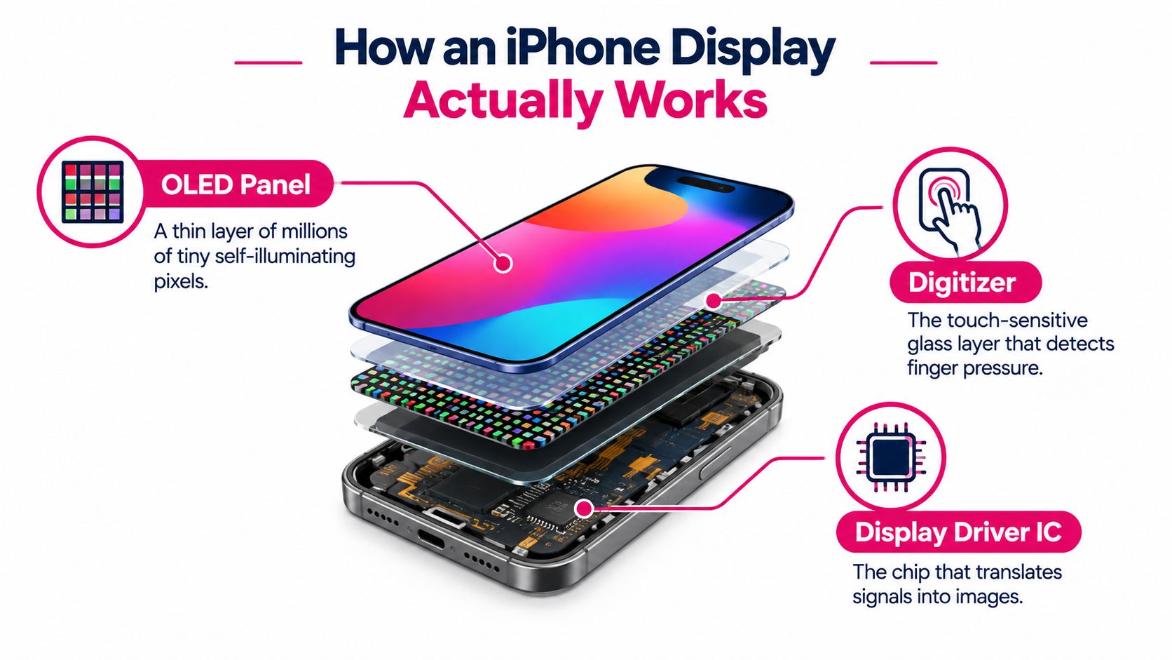 An exploded view of an iPhone display illustrating the OLED panel, digitizer, and display driver IC layers.