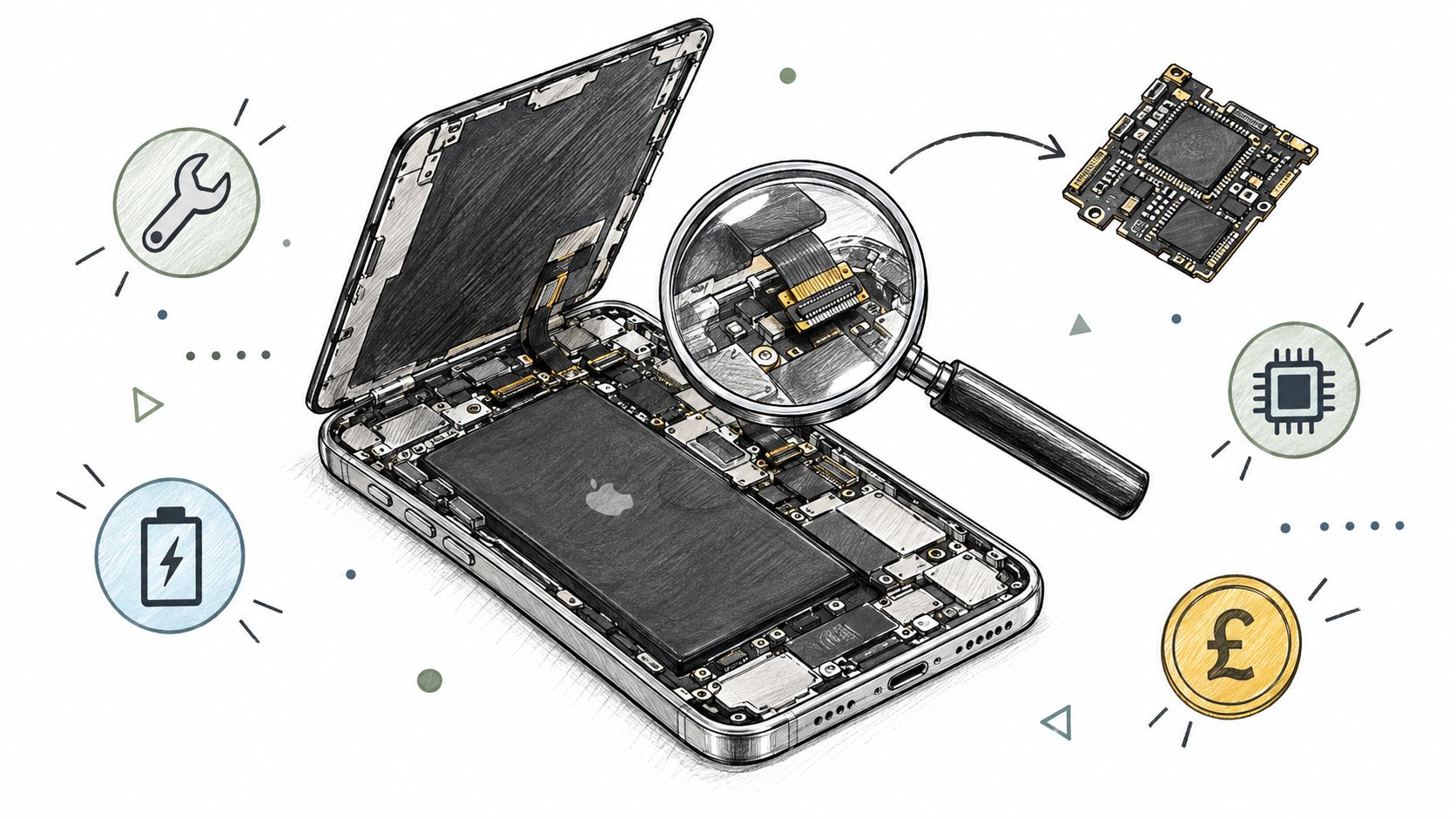 A hand-drawn illustration showing a disassembled iPhone being repaired with a magnifying glass and electronic components.