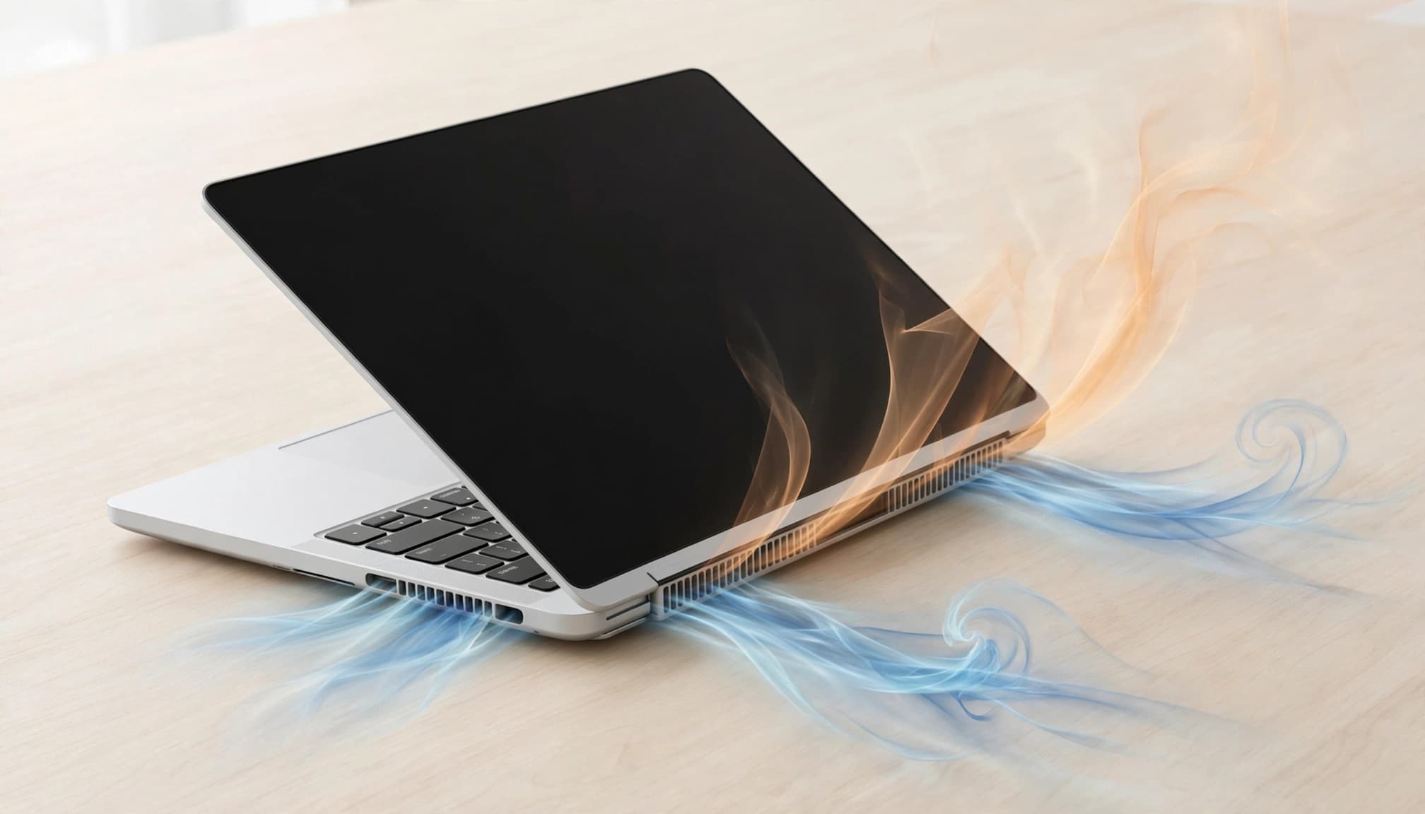 An open laptop on a wooden table with blue and amber air currents illustrating airflow.