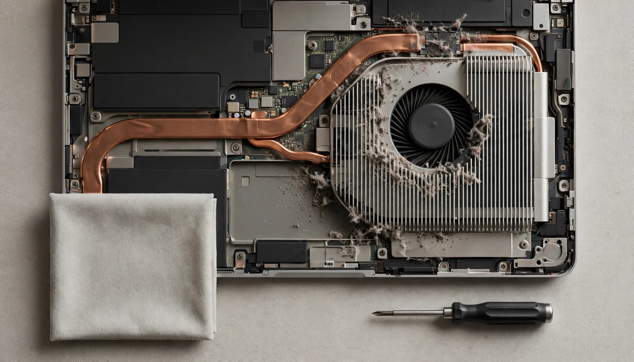 Overhead view of an open laptop interior with a dusty fan, a microfiber cloth, and a screwdriver.