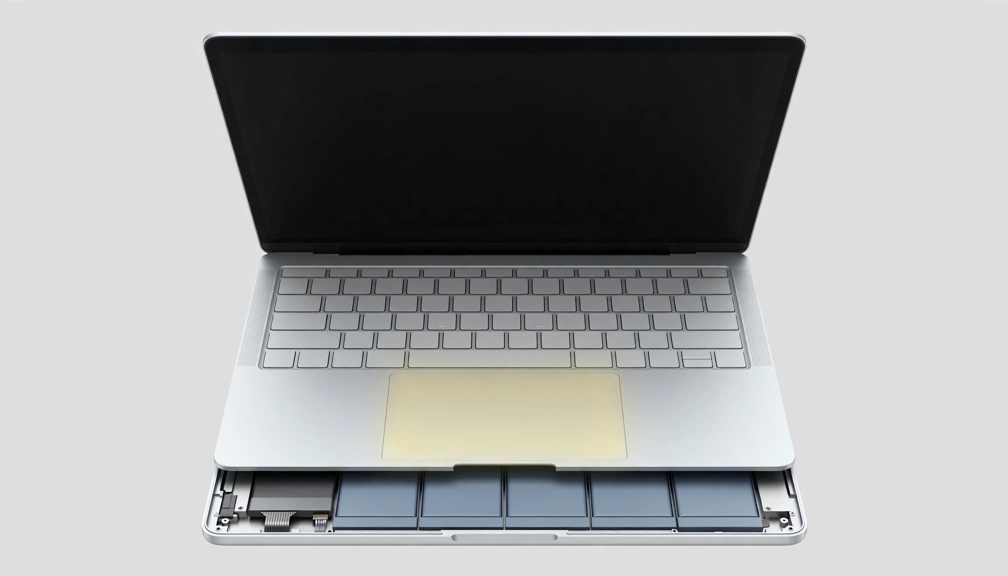 A technical illustration of a laptop showing its internal battery module beneath the trackpad.