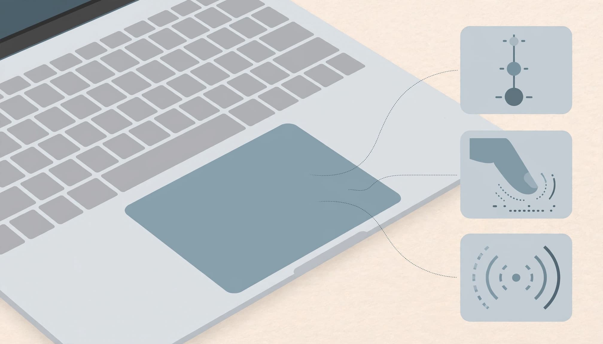 A flat illustration of a laptop trackpad connected by dotted lines to three settings icons.