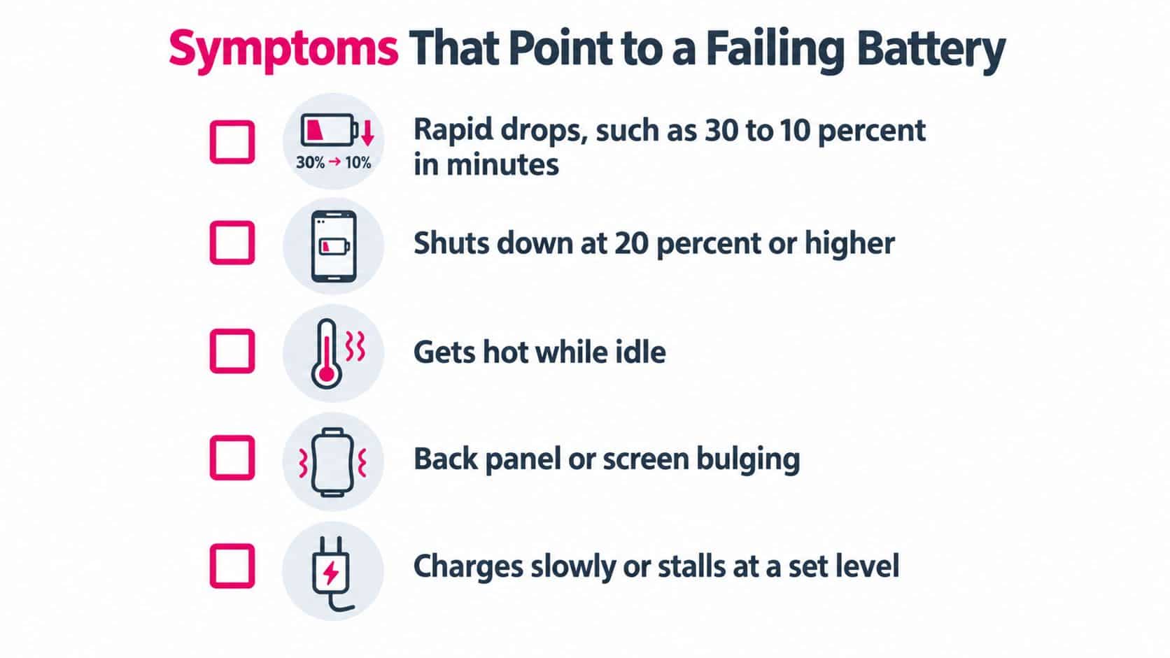 A checklist infographic illustrating common signs of a failing smartphone battery, such as rapid discharge or overheating.