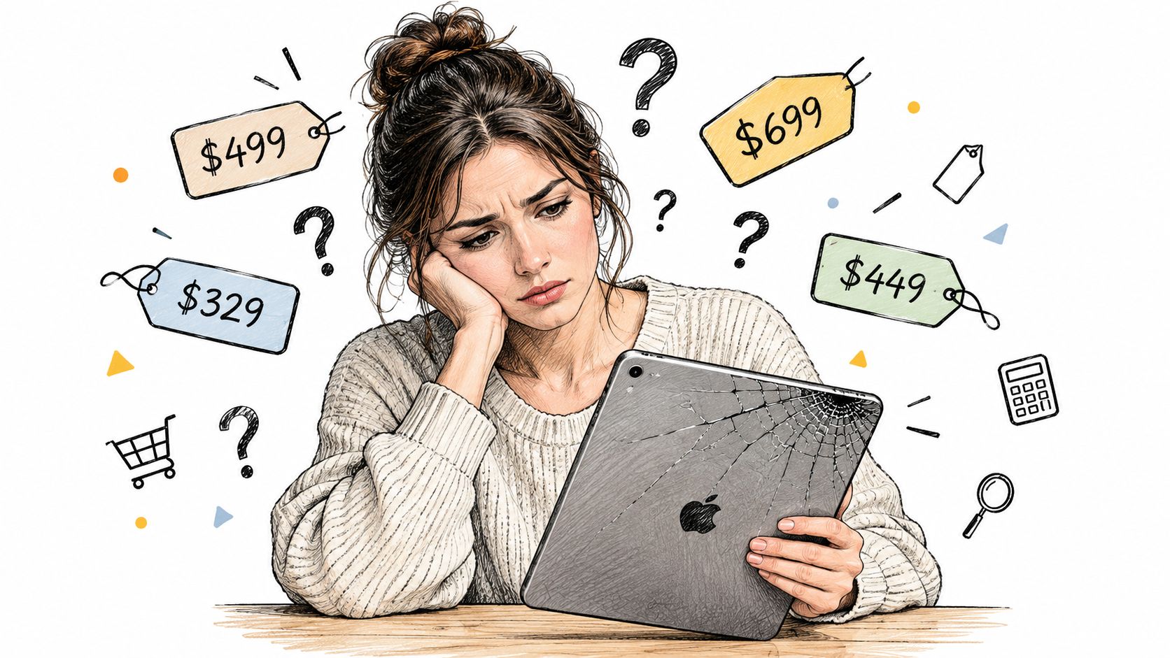 A concerned woman holding a broken iPad while contemplating various repair costs shown on floating price tags.