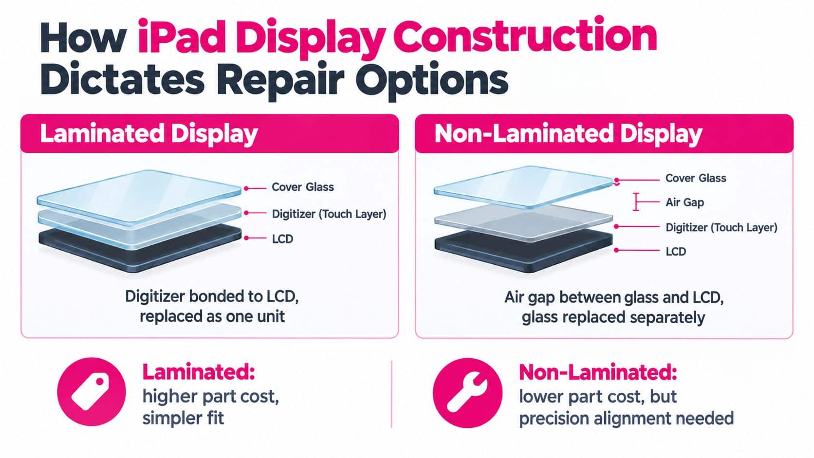 A diagram comparing laminated and non-laminated iPad display construction to explain different screen repair processes.