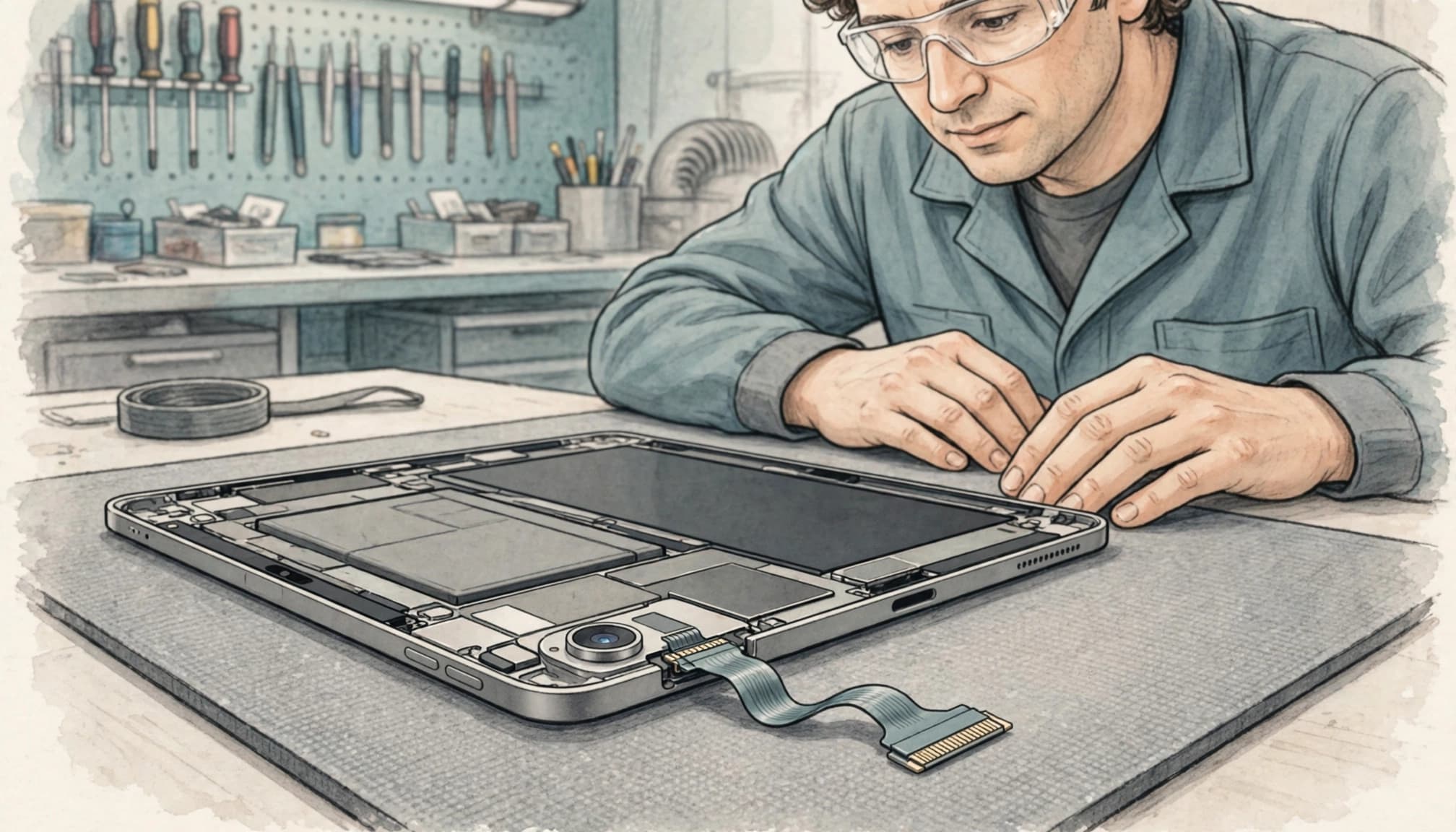 An illustrated repair technician looking at an open tablet with internal parts on a workbench.